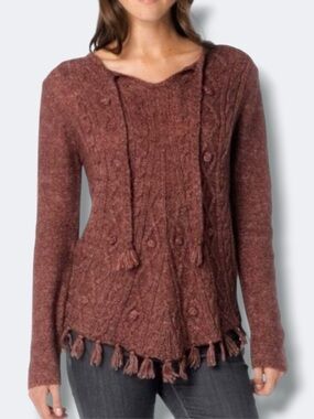 Prana Shelby Sweater Women Small Wool Blend Cable Knit Fringe Hem Split Neck